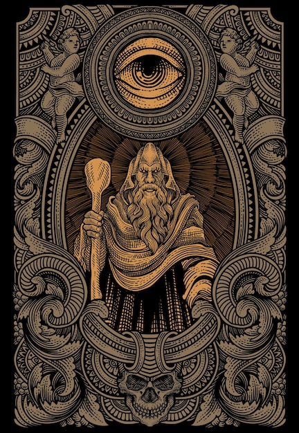 Ilustración del anciano mago con todo el ojo que ve en el grabado marco ornamental Ilustración vectorial