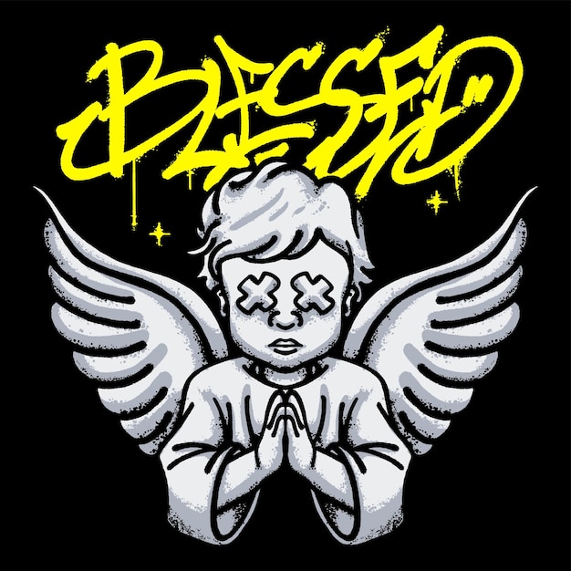 Ilustración de Ángel de Oración con el eslogan Bendito Arte de Ropa de Calle Urbana