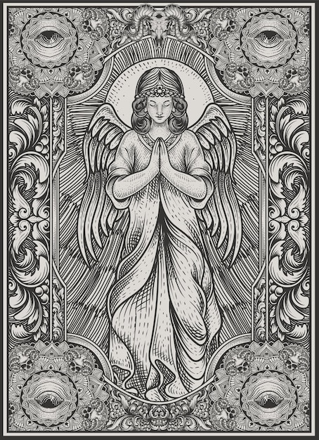 Ilustración ángel rezando con estilo de grabado vintage