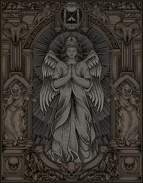 Ilustración ángel rezando con marco de grabado vintage