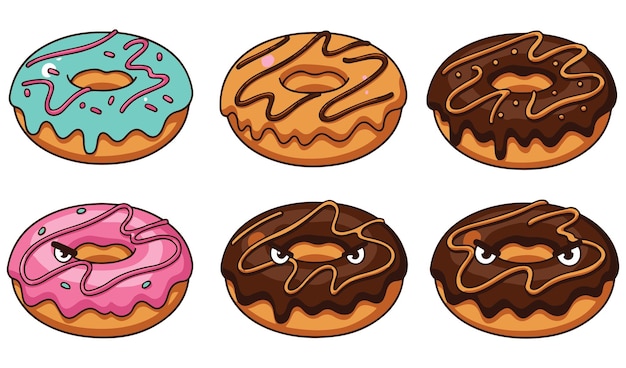 Ilustración de Angry Donut chocolate kawaii delicioso dulce comida donuts vectorial conjunto paquete