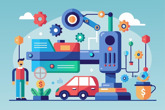 Una ilustración animada y colorida representa engranajes de brazos robóticos y un hombre al lado de un automóvil que muestra automatización avanzada e innovación en tecnología