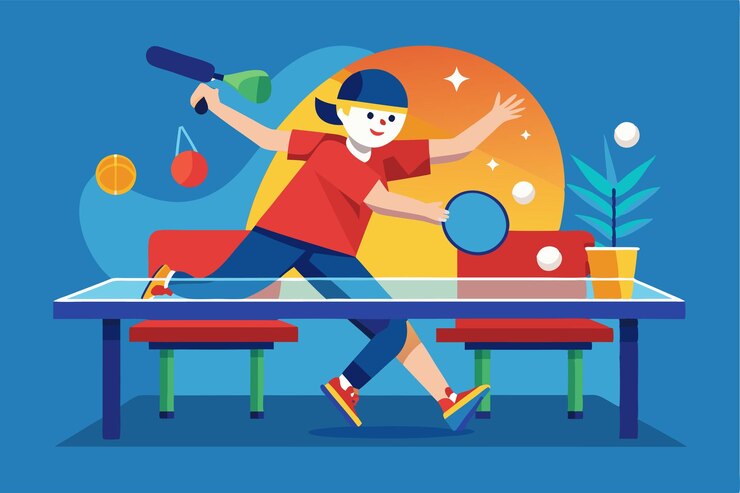 Vector una ilustración animada que representa a un joven atleta jugando al tenis de mesa en un entorno de colores brillantes ilustración personalizable de tenis de mesa para los juegos paralímpicos