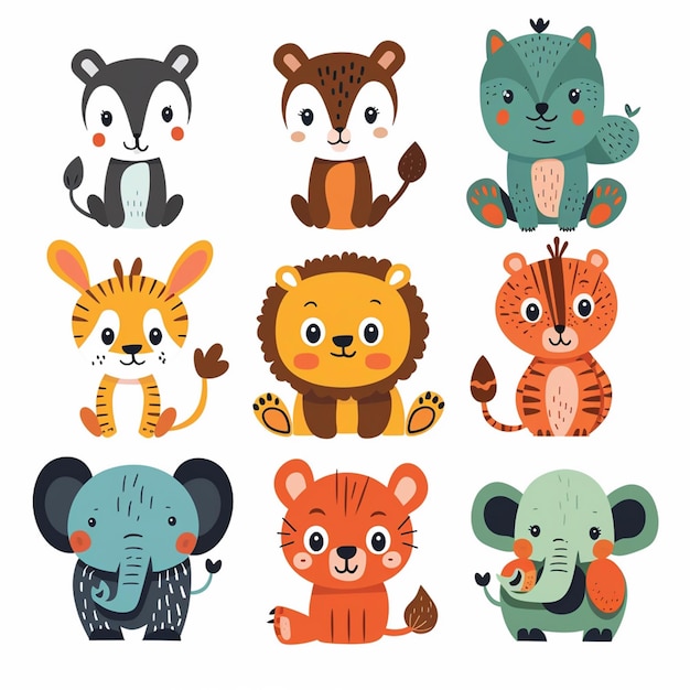 Ilustración animal set vectorial lindo personaje del zoológico de dibujos animados naturaleza león aislado salvaje salvaje