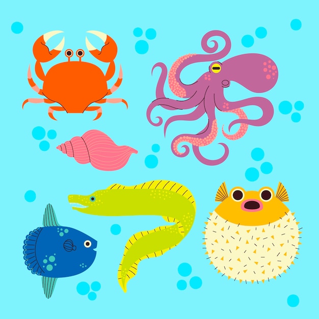 Vector ilustración de animales marinos dibujados a mano