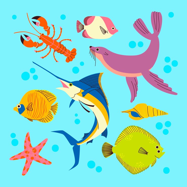 Vector ilustración de animales marinos dibujados a mano