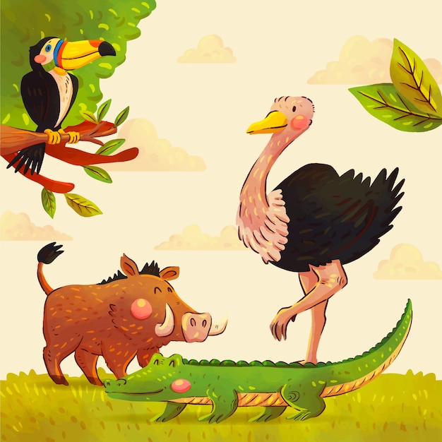 Ilustración de animales de safari con acuarela