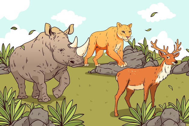 Ilustración de animales salvajes dibujados a mano