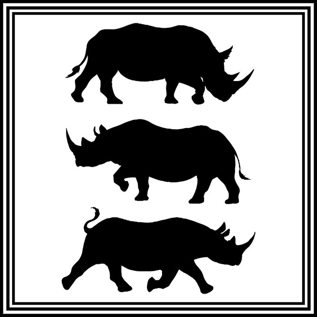 Ilustración de animales salvajes con silueta negra de rinoceronte