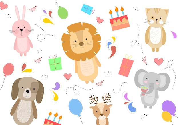 Ilustración con animales Tarjeta de felicitación con animales Tarjeta de felicitación con conejo elefante perro gato león ciervo