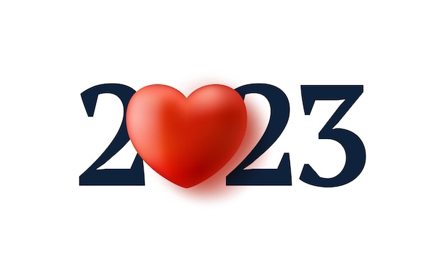 Ilustración de año nuevo de amor 2023 Feliz año nuevo 2023 con diseño de texto de corazón realista Fondo de concepto 3d Ilustración vectorial