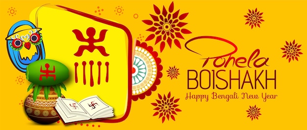 Ilustración del año nuevo bengalí con texto bengalí subho nababarsha que significa el deseo más sincero de ha