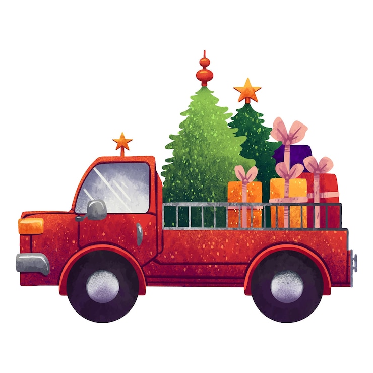 Vector ilustración de año nuevo de una camioneta roja con un árbol de navidad en el maletero para el nuevo año con regalos