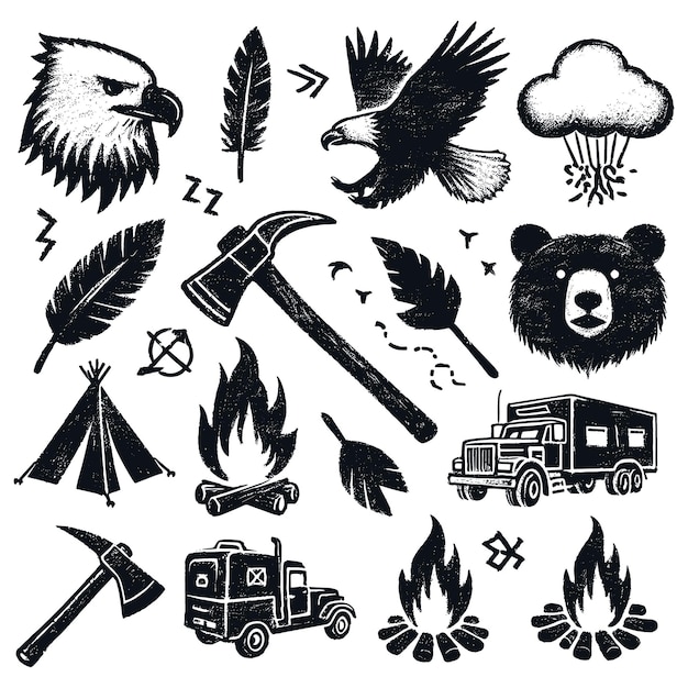 Ilustración antigua en blanco y negro con elementos de la naturaleza