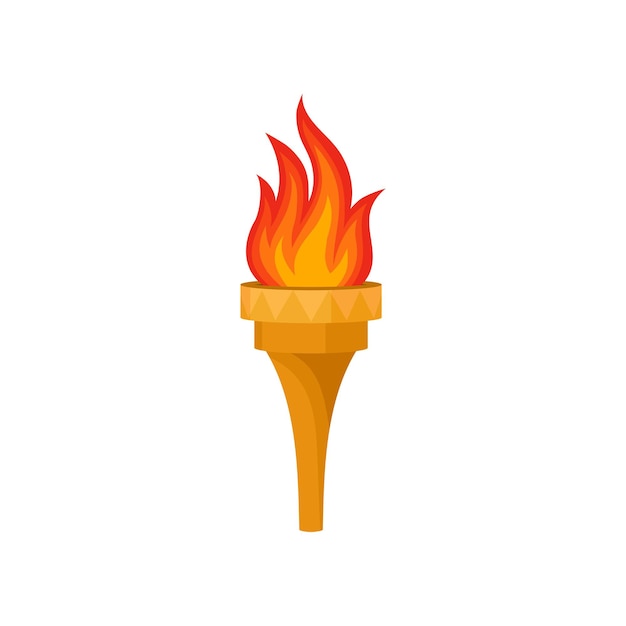 Ilustración de una antorcha dorada con un fuego brillante Elemento gráfico decorativo cartel publicitario de un evento deportivo Diseño vectorial plano colorido aislado sobre fondo blanco Icono de estilo de dibujos animados