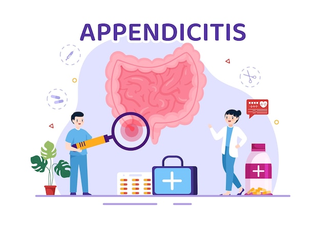 Ilustración de apendicitis con inflamación del apéndice y tratamiento del estómago en el cuidado de la salud