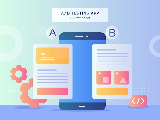 Ilustración de la aplicación de prueba ab establece el resultado que compara dos páginas de sitios web móviles con estructura metálica en un teléfono inteligente con diseño de estilo plano