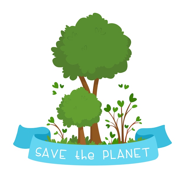 Ilustración en apoyo de la protección del medio ambiente. Dos árboles verdes y una cinta azul con el texto "Save the Planet". El concepto de temas ambientales. Ilustración plana