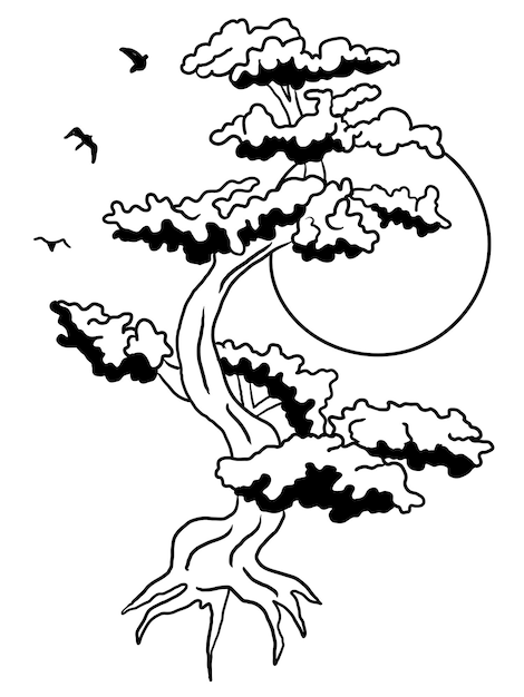 ilustración de árbol bonsai en blanco y negro