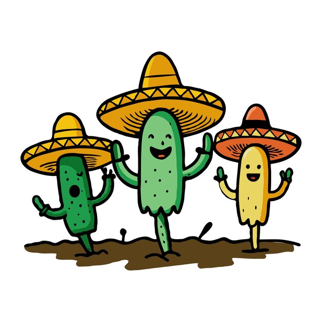 Ilustración de un árbol de cactus de dibujos animados con sombrero de festival en diseño vectorial plano