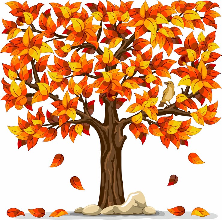Vector ilustración del árbol con hojas naranjas y rojas