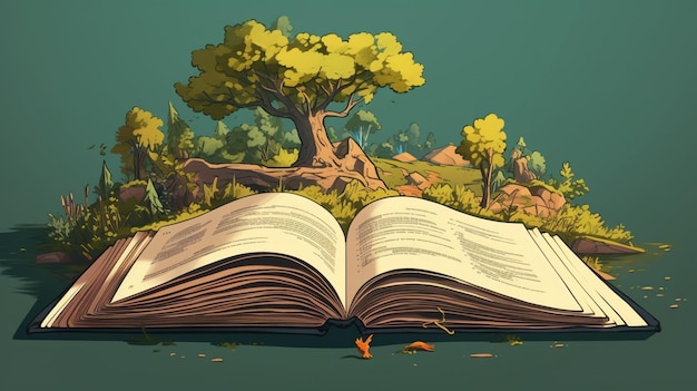 Vector una ilustración de un árbol y un libro con un árbol en la parte superior