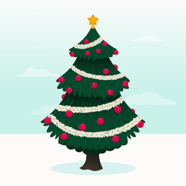 Vector ilustración de árbol de navidad 2d con globos y estrella