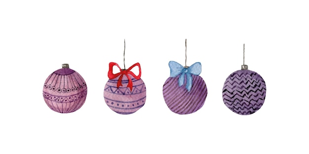 Ilustración árbol de Navidad acuarela juguetes conjunto estilo suave color rosa púrpura