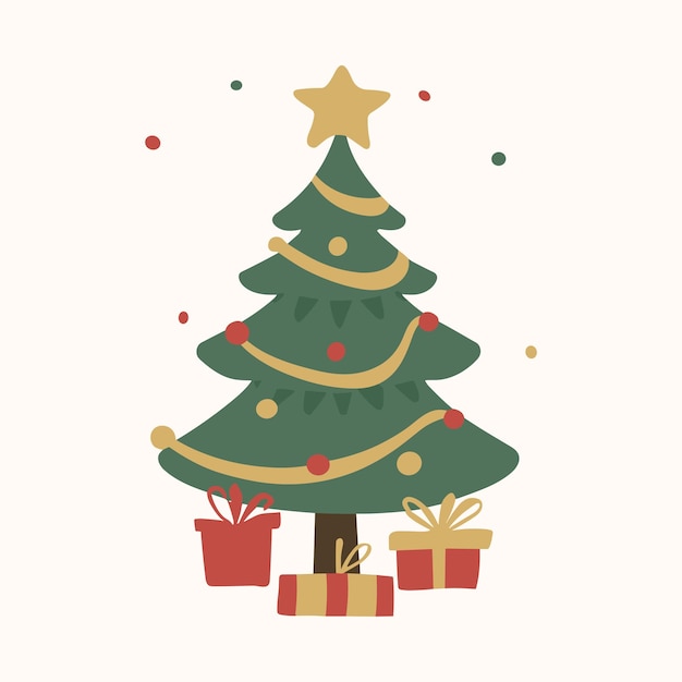 Vector ilustración del árbol de navidad con caja de regalos de navidad