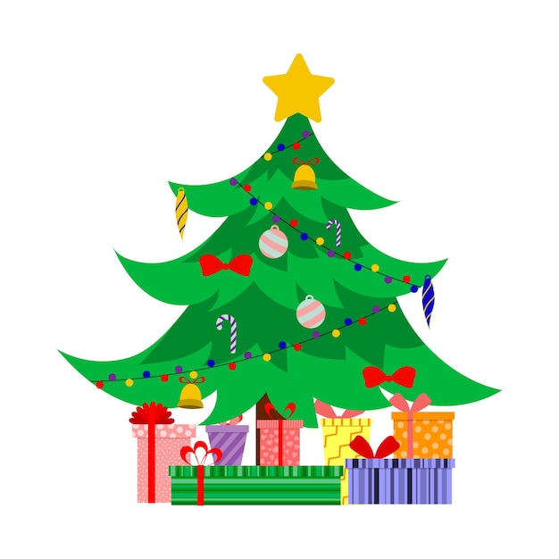 Ilustración de un árbol de Navidad y cajas de regalo vector aislado sobre un fondo blanco.