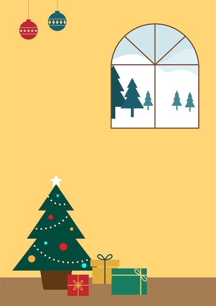 Una ilustración con un árbol de Navidad con un paisaje nevado a través de la ventana.