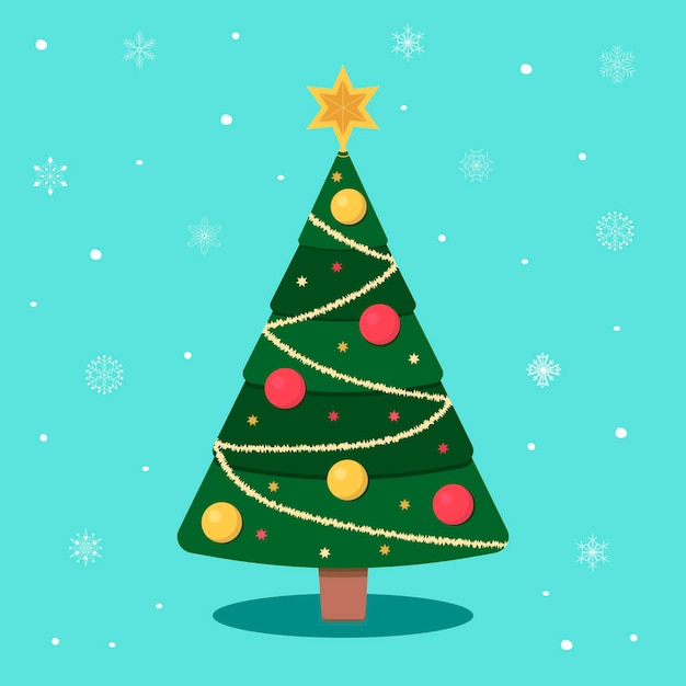 Ilustración con un árbol de Navidad sobre un fondo azul con copos de nievex9