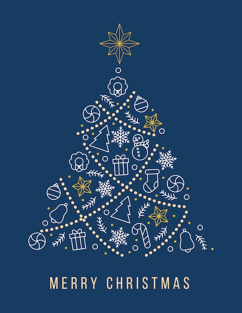 Ilustración de un árbol de Navidad sobre un fondo azul con decoraciones blancas y doradas