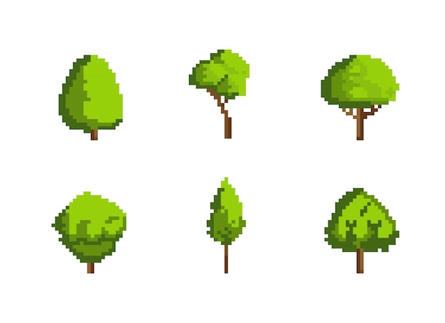 Ilustración de árbol de pixel de arte vectorial puesta en verde para los activos del juego