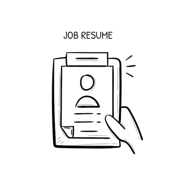 Ilustración de archivo de documento de perfil de currículum de trabajo Icono de reclutamiento de empleados línea dibujada a mano de doodle