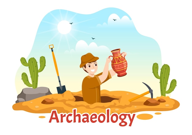Ilustración de arqueología con excavación arqueológica de ruinas antiguas artefactos y fósiles