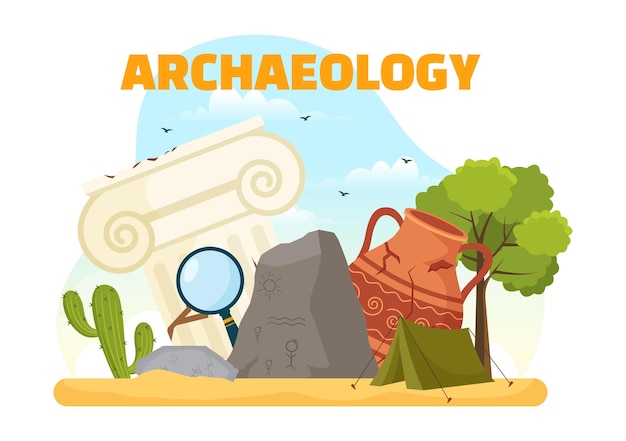Vector ilustración arqueológica con excavación arqueológica de artefactos antiguos y fósiles de dinosaurios