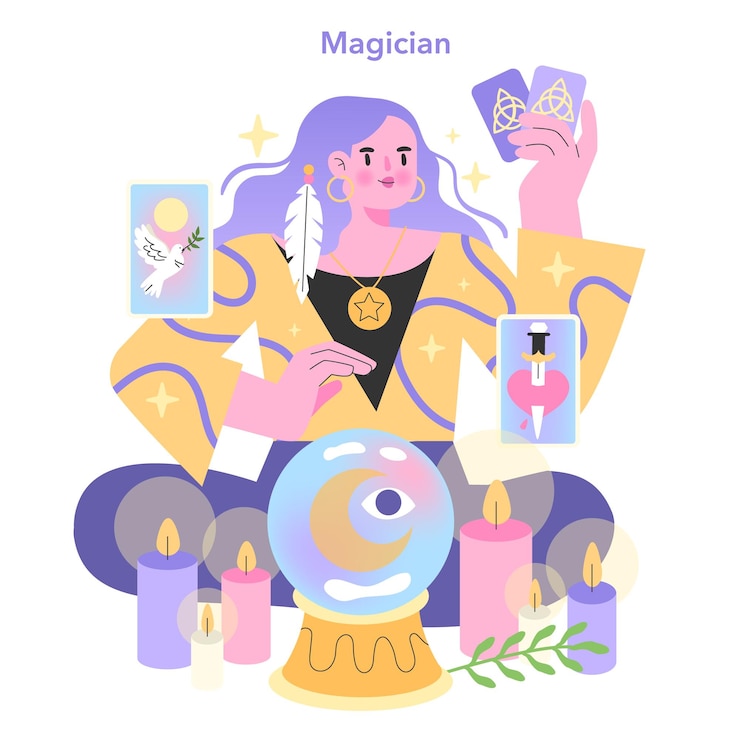 Vector ilustración del arquetipo del mago una figura mística realiza encantamientos rodeada de motivos mágicos