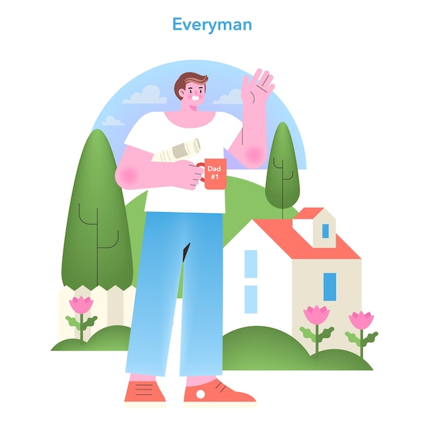 Ilustración del arquetipo de todo el mundo un personaje relacionable saludando alegremente de pie ante un amigo