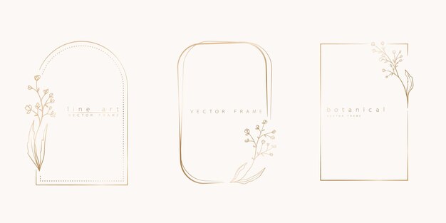 Ilustración de arte botánico de líneas conjunto de marcos de ramas de flores silvestres