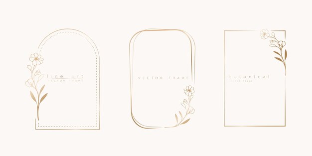 Ilustración de arte botánico de líneas conjunto de marcos de ramas de flores silvestres