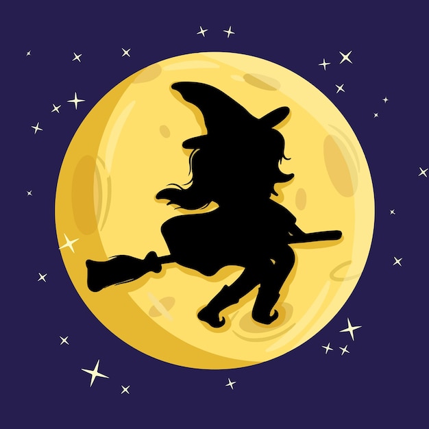 Ilustración de arte bruja volando en una escoba en el fondo de la luna