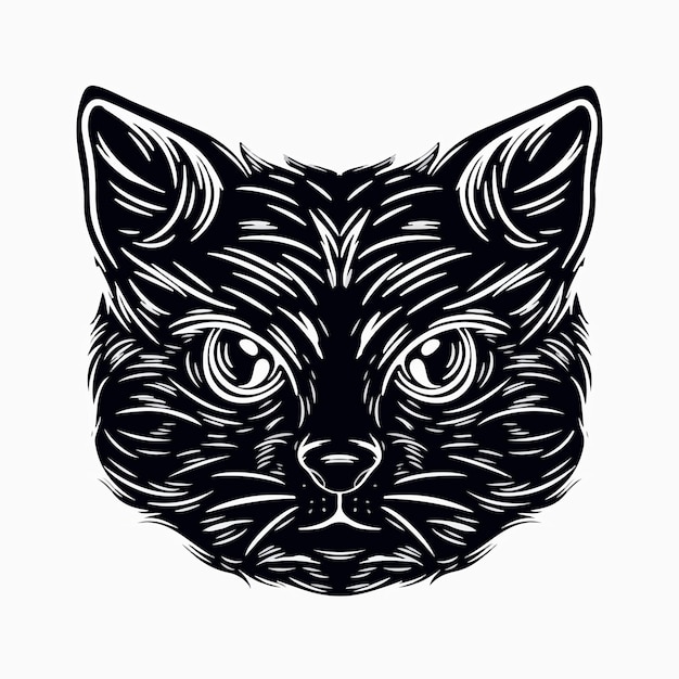 Ilustración de arte cabeza de gato en blanco y negro estilo de grabado tatuaje y diseño de camiseta