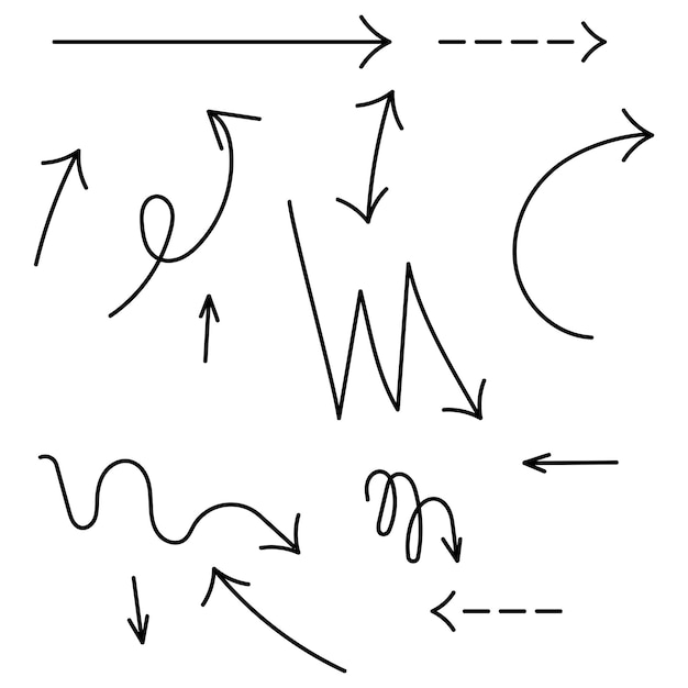 Ilustración de arte Conjunto de flechas dibujadas a mano. Garabatear.