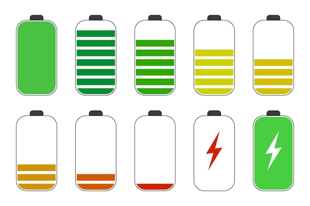 Ilustración de arte. conjunto de iconos de batería. Ilustración vectorial aislada sobre fondo blanco. estilo plano