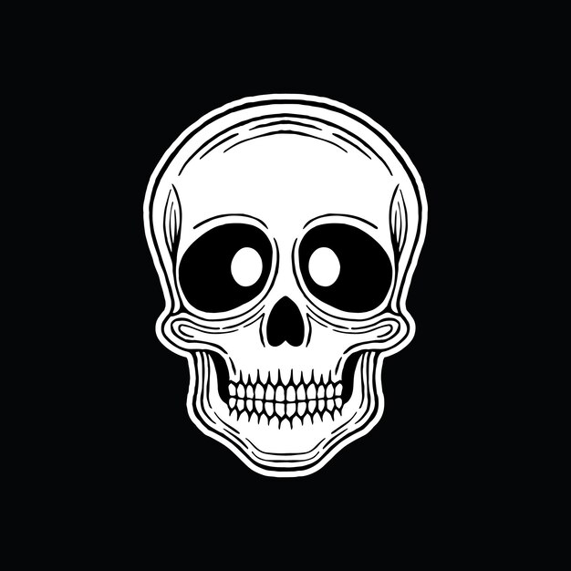 Ilustración de arte del cráneo dibujada a mano en blanco y negro