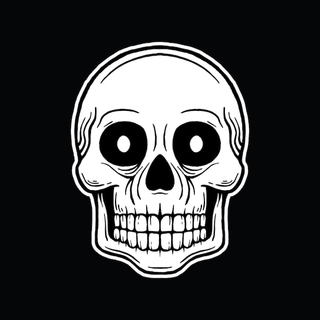 Ilustración de arte del cráneo dibujada a mano en blanco y negro
