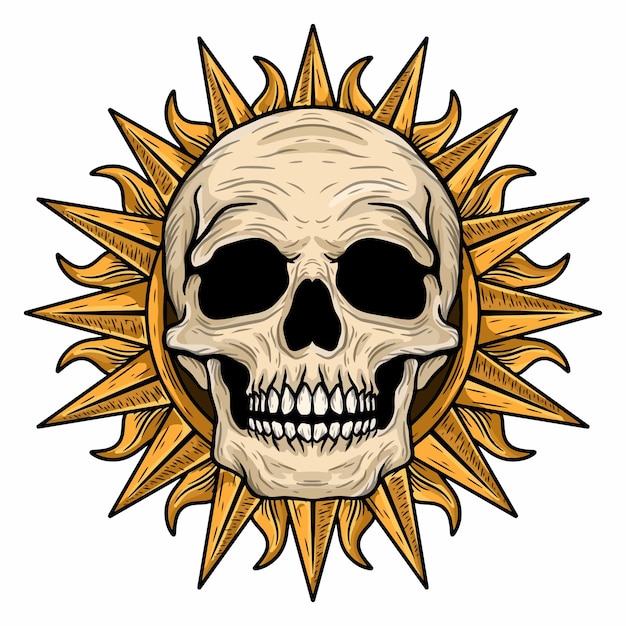 Ilustración de arte cráneo con grabado de sol marco de sol ornamento tatuaje y diseño de camiseta