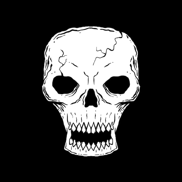 Ilustración de arte del cráneo vector blanco y negro dibujado a mano para tatuaje, pegatina, afiche, etc.