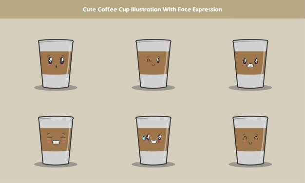 Ilustración de arte de dibujos animados de taza de café lindo dibujado a mano con un conjunto de expresiones de cara linda